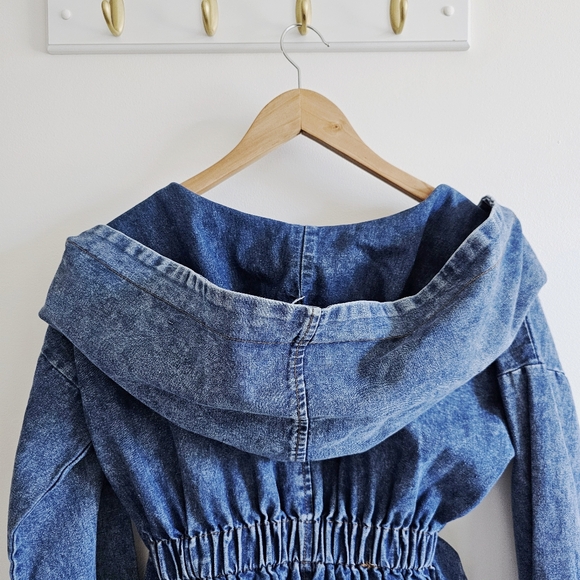 90s Madein Dark Wash Denim Avant Garde Dramatic Shawl Collar Hooded Wrap Jacket - Picture 14 of 16